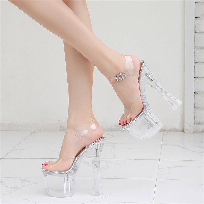 Damen Sommer 18cm High Heels 8cm Plateau Sandalen Lady Klar Extreme Block Heels Riemchensandalen Transparent Pleaser Schuhe
