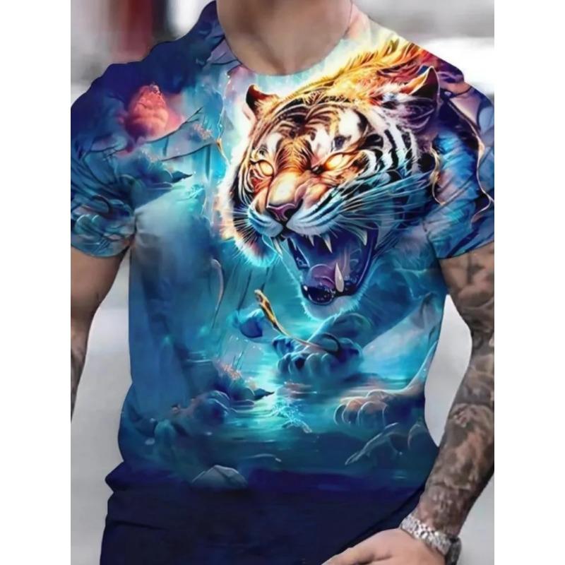 Summer Round Neck 3D Tiger Print Top Fashionable Casual Short Sleeved Men's T-shirts