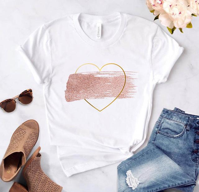 Love Heart Print T-Shirts For Women Clothing Round Neck Casual Top Clothes Short Sleeve Versatile Graphic Printed Fashion Shirts