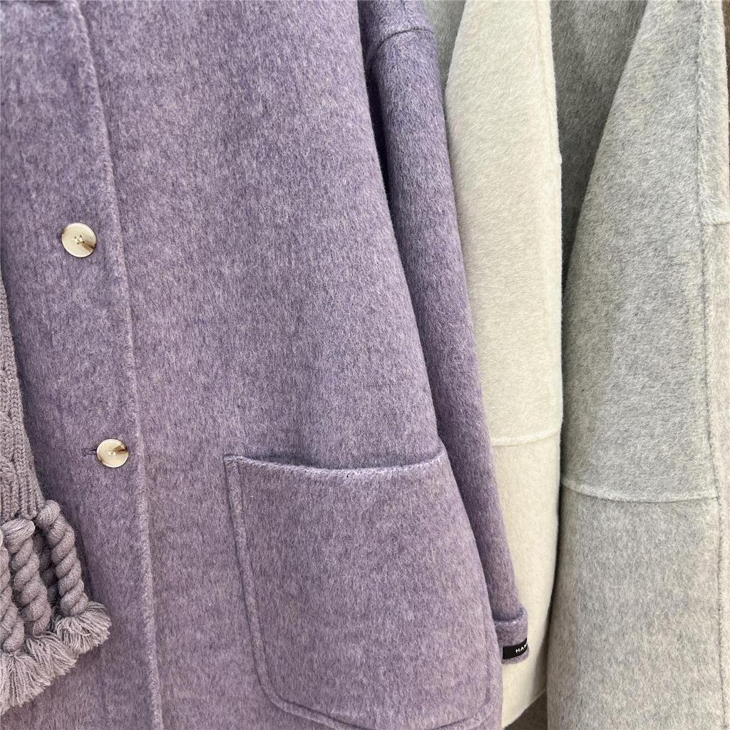 2025 Autumn/Winter Korean Style Mid-Length Double-Sided Cashmere Wool Coat with Scarf