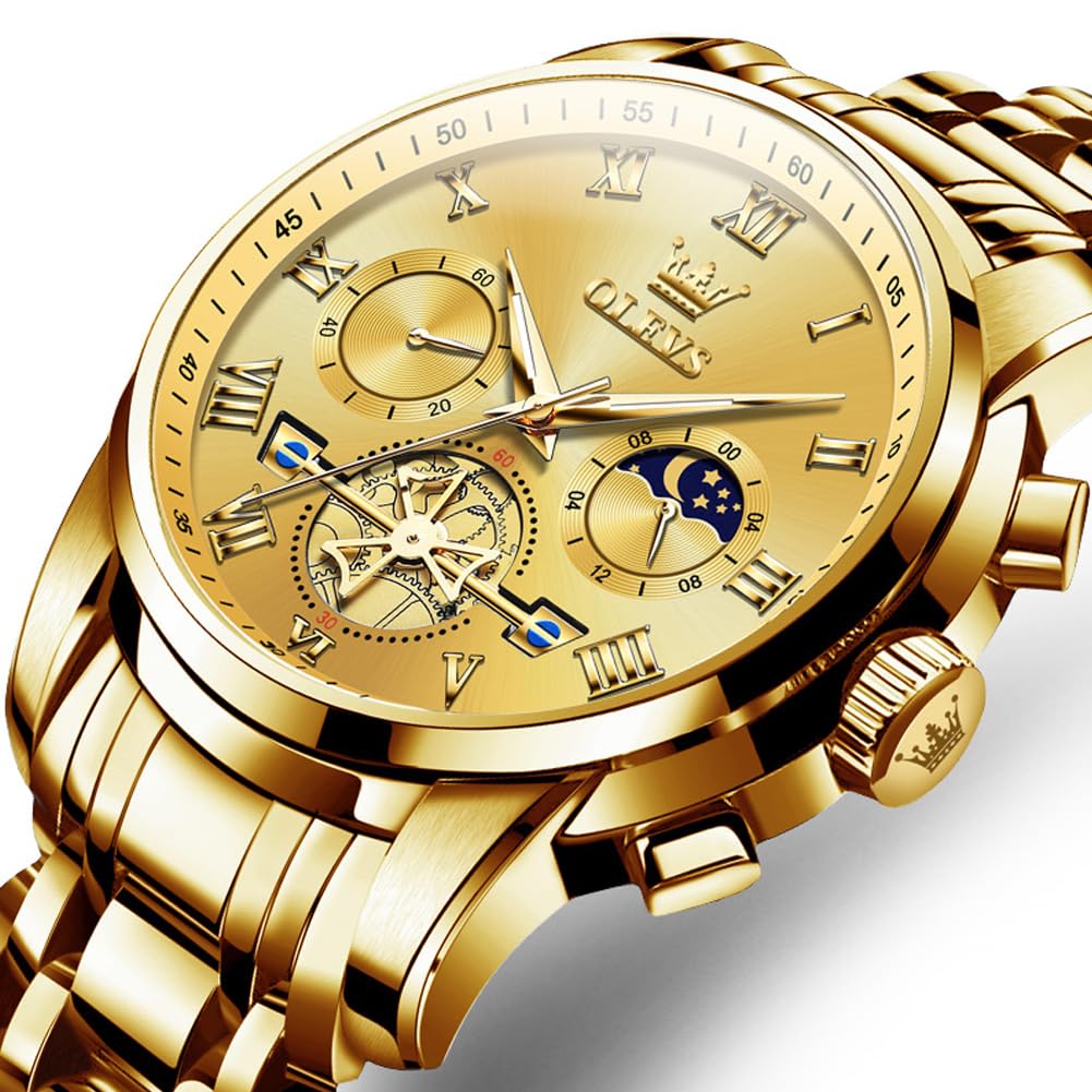 OLEVS Men's Stylish Chronograph Watch, Popular Brand for Business, Large, Easy-to-Read Analog, Waterproof Quartz Wristwatch (Gold)