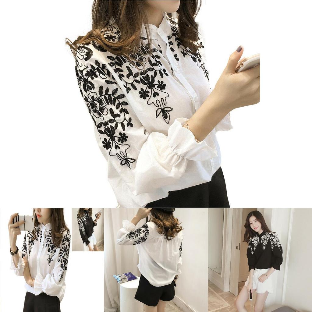Premium Quality Female Women Long Sleeve Embroidery Blouse Shirt With Timeless Korean Flower Design