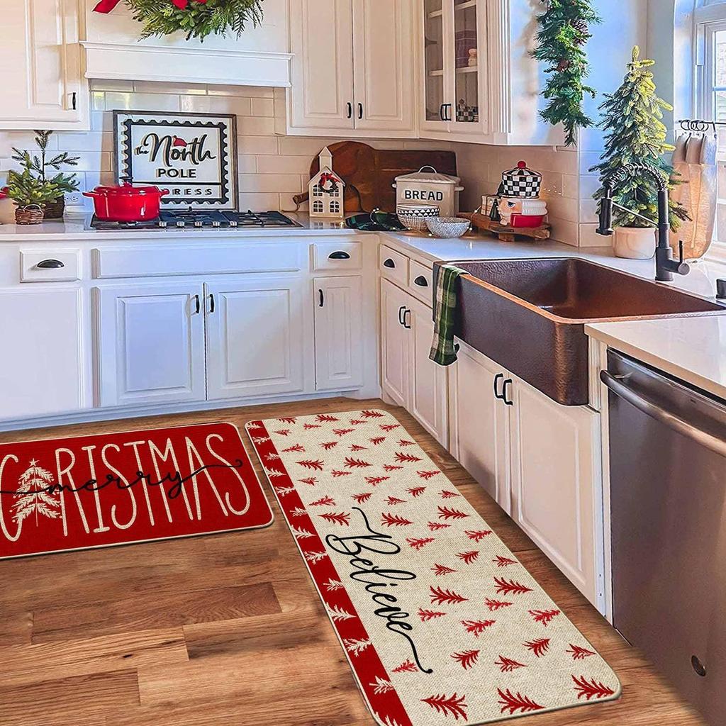 2pcs Christmas Atmosphere Floor Mat Non-slip Stain-resistant Bathroom Mat Kitchen Rug for Holiday Home Decoration