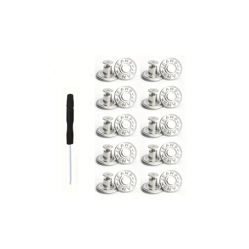10Pcs Metal Jeans Button 17mm Adjustable Detachable Jeans Button Replacement No-Sewing Screw Button Repair Kit with Screwdriver