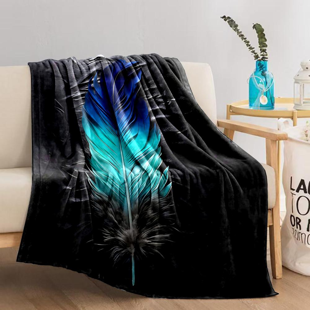 Gradient Blue Feather Pattern blanket with Black Background Style. blanket, suitable for use in the bedroom, living room, on the sofa