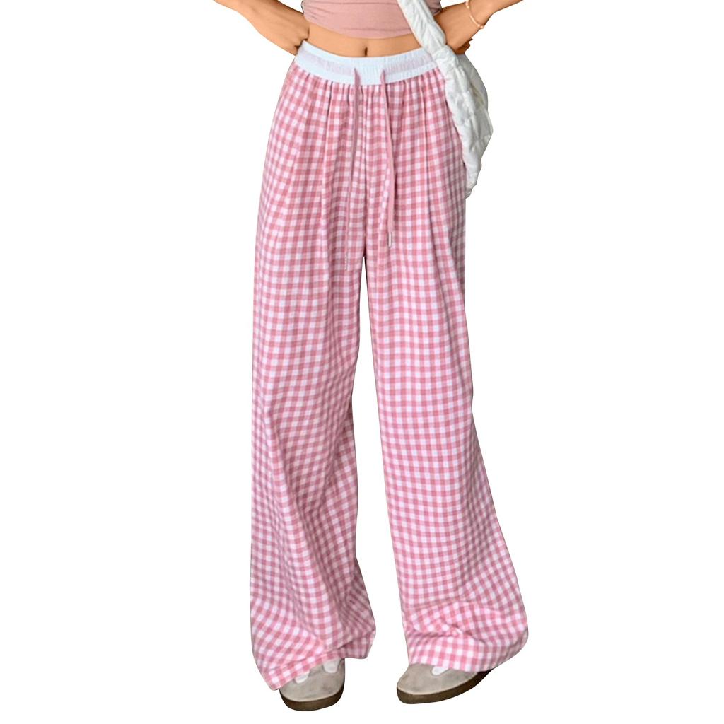 Women's Summer Elastic Waist Drawstring Wide Leg Plaid Trousers Casual Home Loose Pants With Pockets