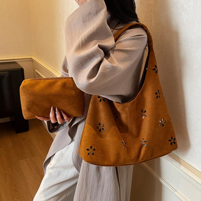 Faux Suede Women's Hollow Flower Shoulder Bags Matte Leather Female Underarm Bag Vintage Large Capacity Female Tote Handbags