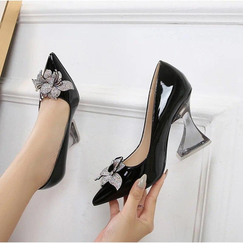 Women's Thick High Heels Crystal Diamond Flower Sexy Fashion Wedding Shoes Bridesmaid 10cm Heel WZ