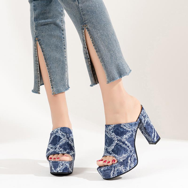 Super High Heels Women Slippers Classic Canvas Denim Slipper Summer Open Toe High Heeled Sandals Chaussons Femme Sandalias Tacón
