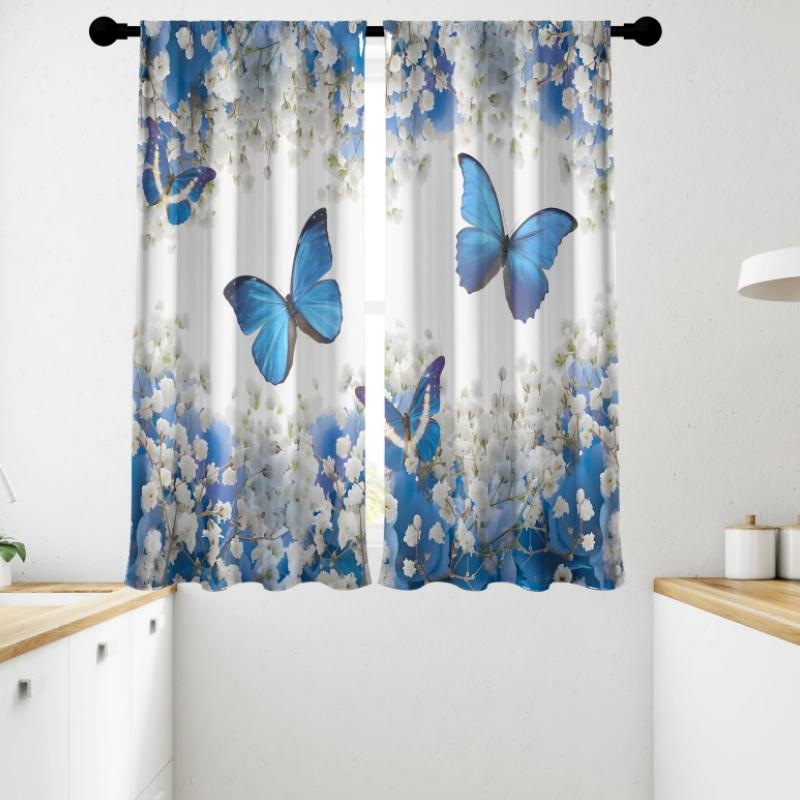 Blue and Purple Butterfly Element Printed High Shading Curtain Rod Window Treatment for Bedroom Office Kitchen Room