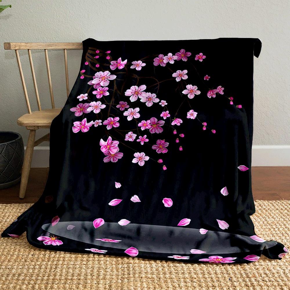 Pink Cherry Blossoms On Branches, with Petals Falling Onto a Dark Backdrop. for All Seasons Blanket Lunch Break Throw Gift
