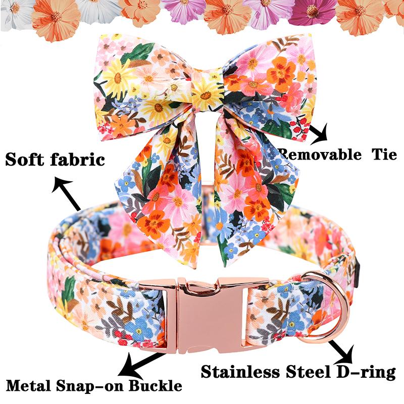 Unique Summer Spring Flower Dog Cat Collar Set with Bow Tie Personal Custom Puppy Necklace XS-XL