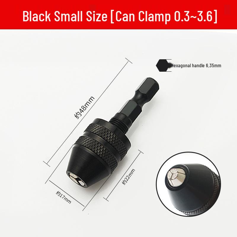 Quick-Change Mini Electric Drill with Three-Jaw Chuck, Hex Extension Rod, and Twist Drill Bit Adapter.