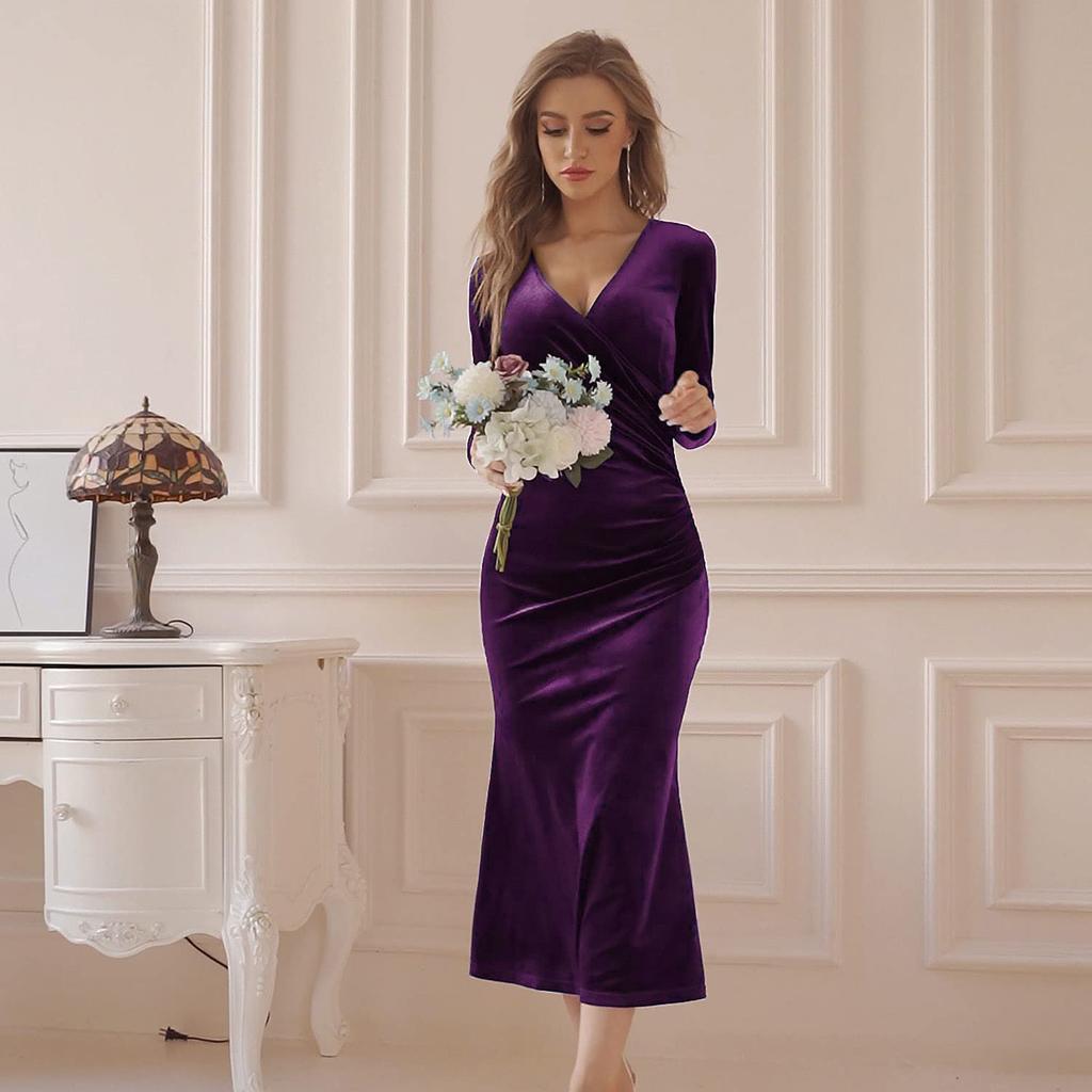 Women's Long Length Ball Gown with Strapless Sequins Ideal for Evening Parties Velvet Cocktail Dress V Neck Slim Fit Mermaid Style Evening Gown