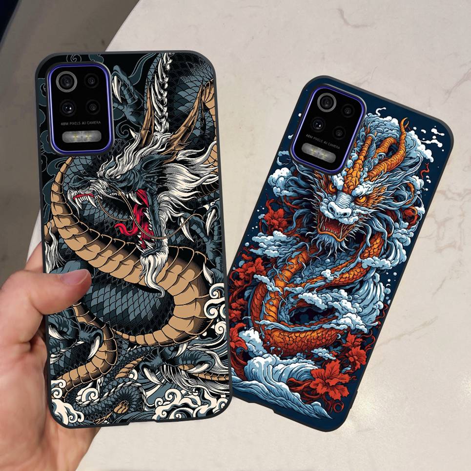 Para LG K52 2020 / LG Q52 2020 Funda Trasera Calavera Dragón Estilo Genial Dibujos Animados Carcasas Parachoques Bumper de Silicona Suave Negro Para LG K22 2020
