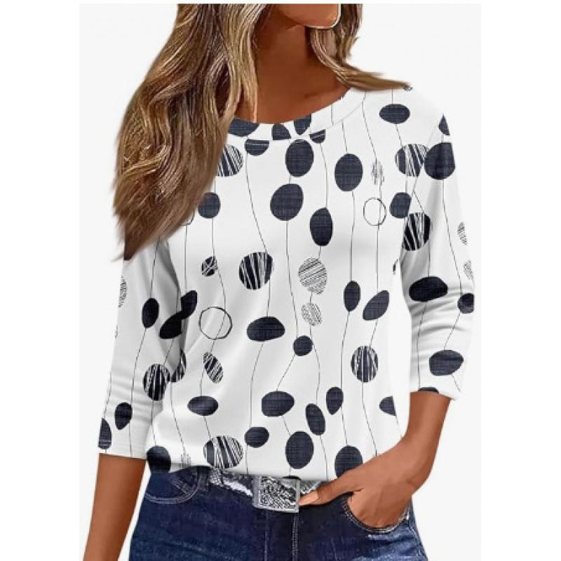 Spring and Summer New Women's Slim Fit Imitation Cotton Round Neck Printed Solid Color Three-quarter Sleeve Long Sleeve
