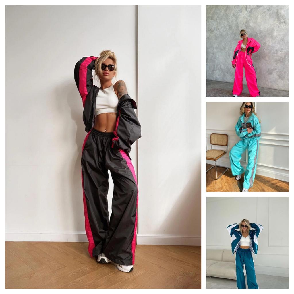 FLARORA Mode Color-Blocking 2-teilige Sets Damen Langarm Reißverschluss Lockere Jacken und Gerade Bein Hosen Outfits Street Trainingsanzüge