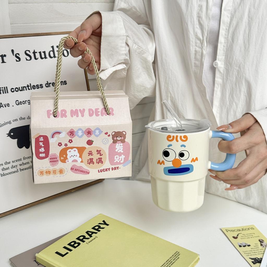 Clown Straw Cup with Lid Mug High looking Creative Ceramic Water Cup Couple Coffee Cup Activity Souvenir Gift