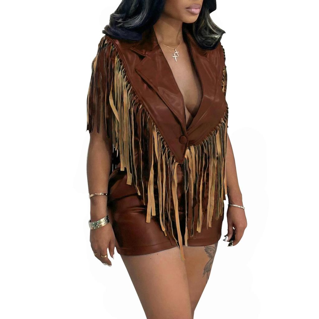 Women's Sexy PU Leather Sleeveless Tassel Top Vest and Shorts Set