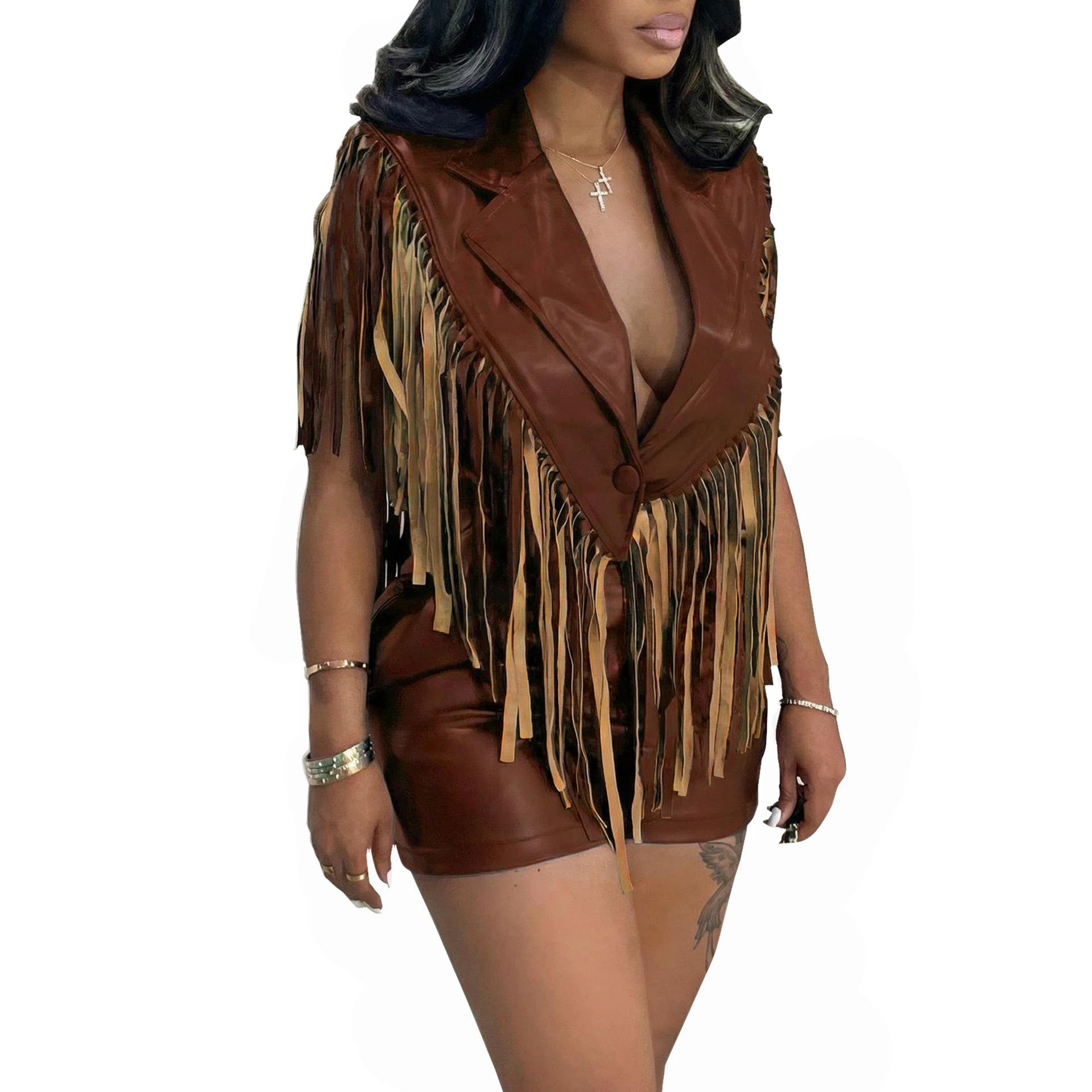 Женский сексуальный комплект: топ-жилет без рукавов с бахромой из ПУ-кожи и шорты M коричневый