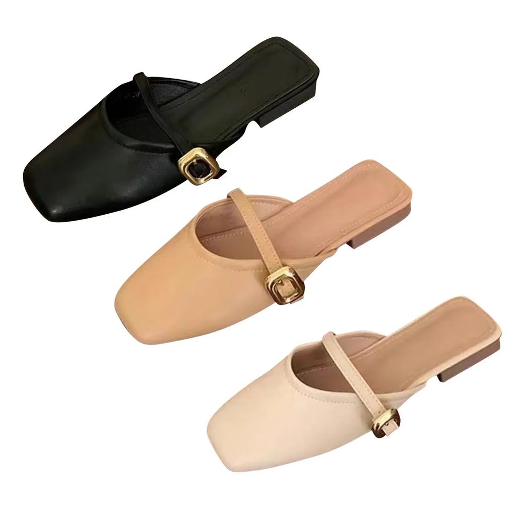 2025 Summer New Women's French Chic Closed Toe Half Slippers Versatile Casual Flat Bottom Shallow Mouth Footwear