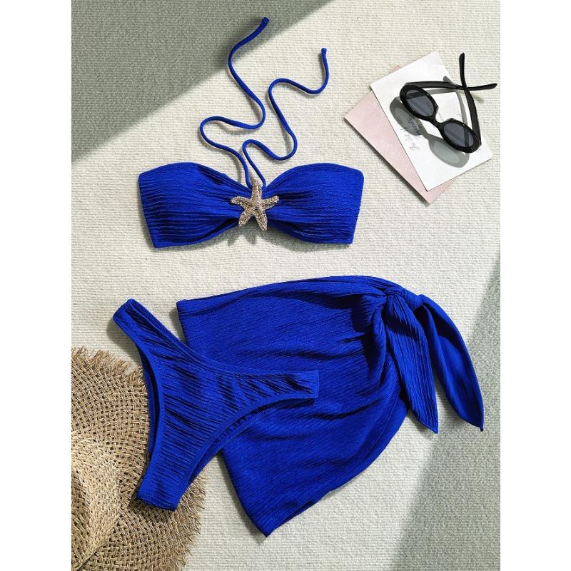 3 Piece Starfish Bandeau Bikini Set with Sarong Women's Textured Black Swimwear