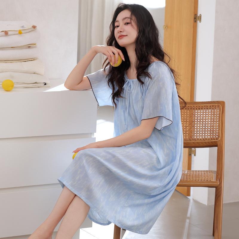 Lyocell Nightdress Women's Summer Thin Short-sleeved Dress Middle-aged Mother Loose Large Size Can Be Worn Outside Loungewear