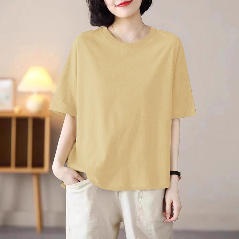 

Однотонный топ с круглым вырезом и короткими рукавами, летняя новинка, универсальный, нишевый, хорошо сидящий, женская футболка большого размера, инс XL жёлтый