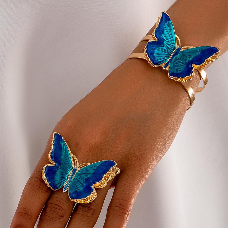 Элегантный набор ювелирных изделий с эмалью в виде бабочек: Браслет и кольцо для женщин золотой