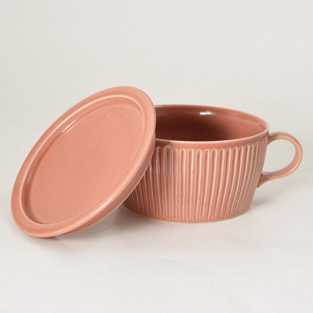 Hasami ware soup cup with red gray lid,