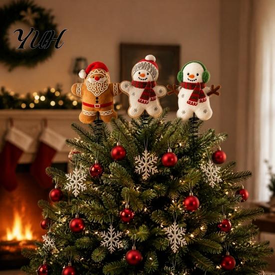 Vivid Felt Tree Ornament Wool Christmas Topper, Cute Snowman/Santa Claus Treetop with Topper Spring Base, Holiday Xmas Decoration for Home Party Decor