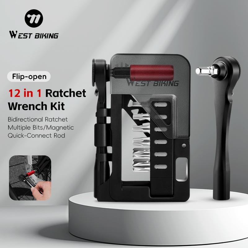 WEST BIKING Multi Functional 12-in-1 Bicycle Ratchet Wrench Tool Set Bidirectional Magnetic Ratchets Set Bike Repair Tools