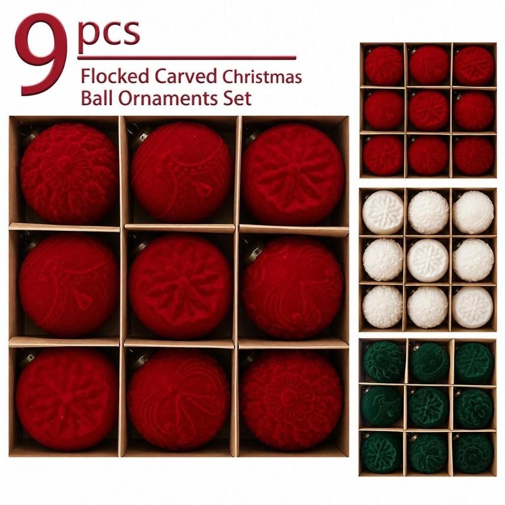 9Pcs Flocking Hanging Christmas Balls Embossed Festive Hanging Decorations Home Mantel Decoration