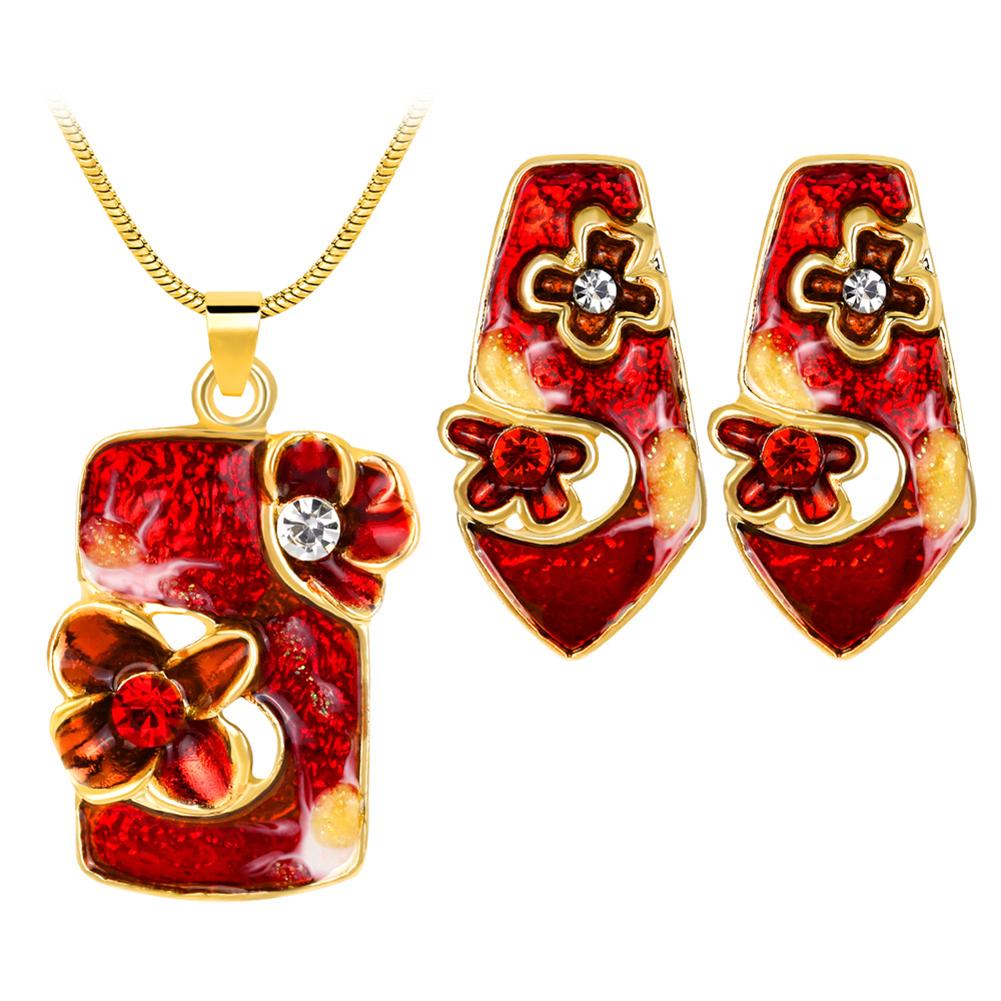 Gold Plated Crystal Geometry Jewelry Set Colored Oil Painting Pattern Pendant Necklace & Earrings