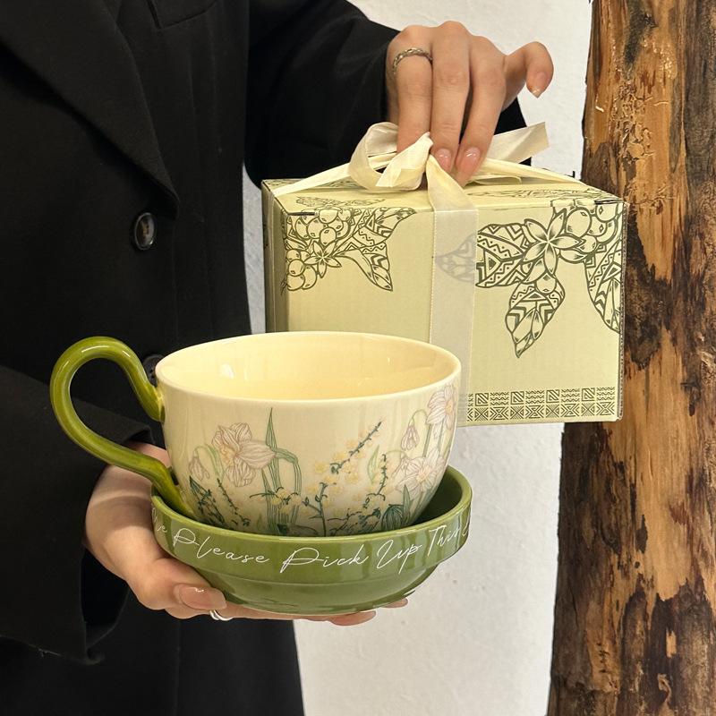 Green Lily of the Valley Mug Ceramic Coffee Cup Saucer Set Gift Box Girls Birthday Gift Mid-Autumn Festival Souvenir
