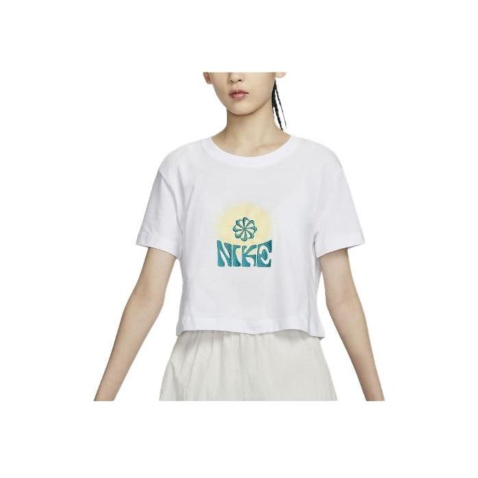 Nike Embroidered Letter Floral Comfortable Crew Neck Sport T-Shirt Women Tops White FV4231-100