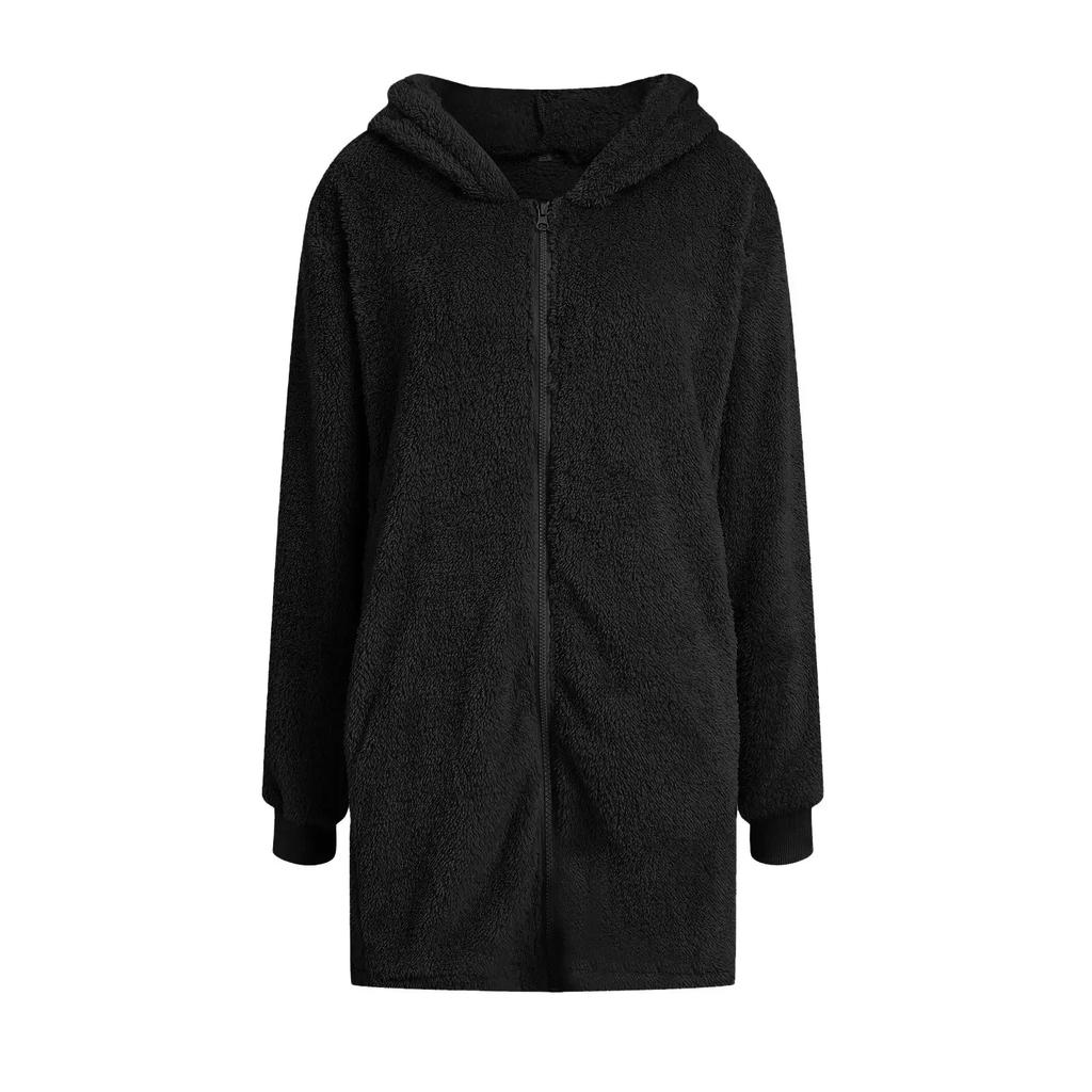 Winter Women's Jackets Loose Fur Long Sleeve Hooded Zipper Cardigan Coat Thickened Warm Casual Outerwear