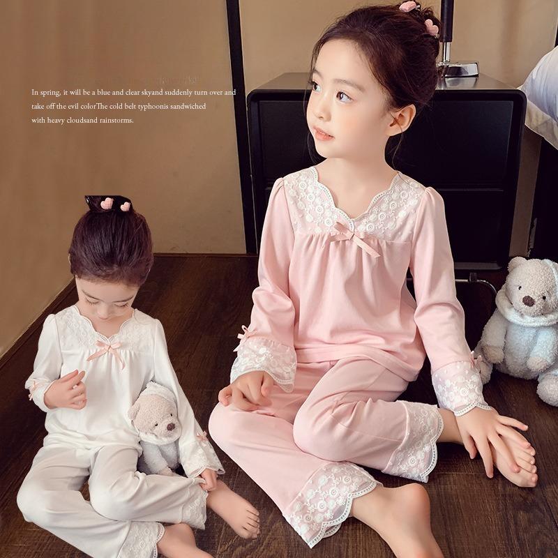 Girls' Home Clothes Set Spring and Autumn New Lace Lace Children's Loose Long Sleeve Pajamas Sleepy Pants Sweet Two Piece Set