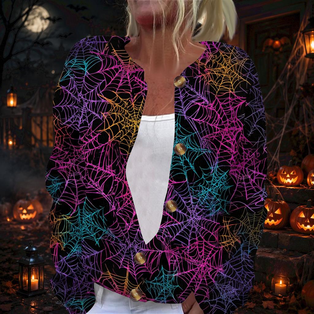 Women's Long Sleeve Halloween Print Cardigan with Button Front for Fall Festive Wear