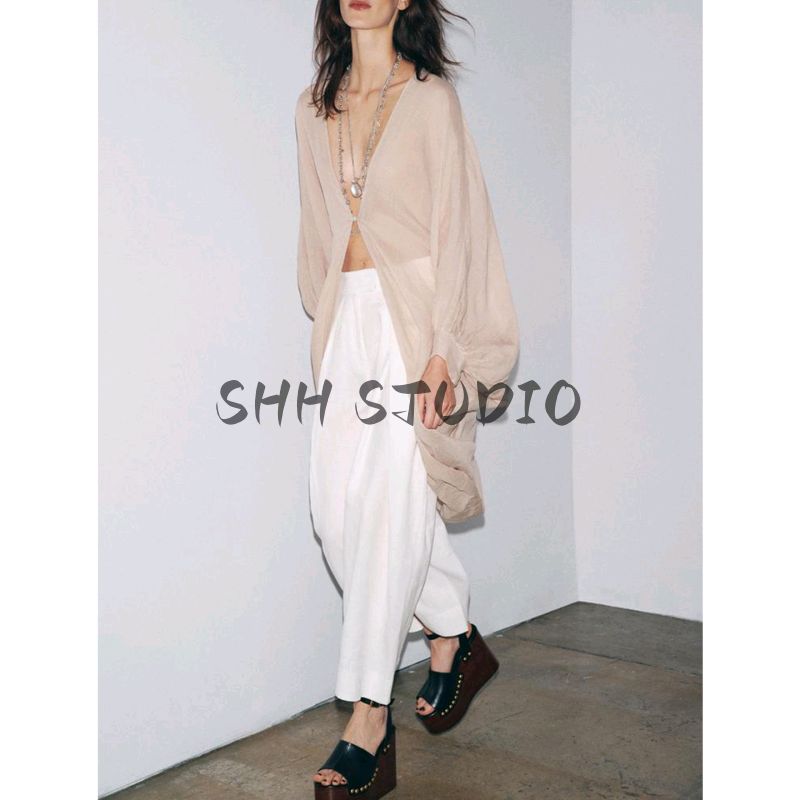 Summer New Product Women's Clothes French Asymmetric Hem Ramie Blended V Neck Long Sleeves Long Shirt 4043245