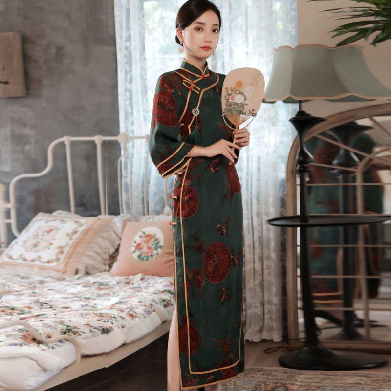 Qipao Spring and Autumn Chinese Style Vintage Print Slim High End Improved Cheongsam Dress for Women