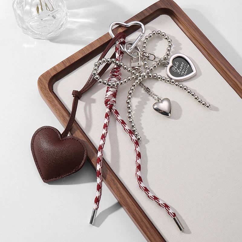 Heart-Shaped Leather Pendant Keychain with Bow and Silver Bead Charm