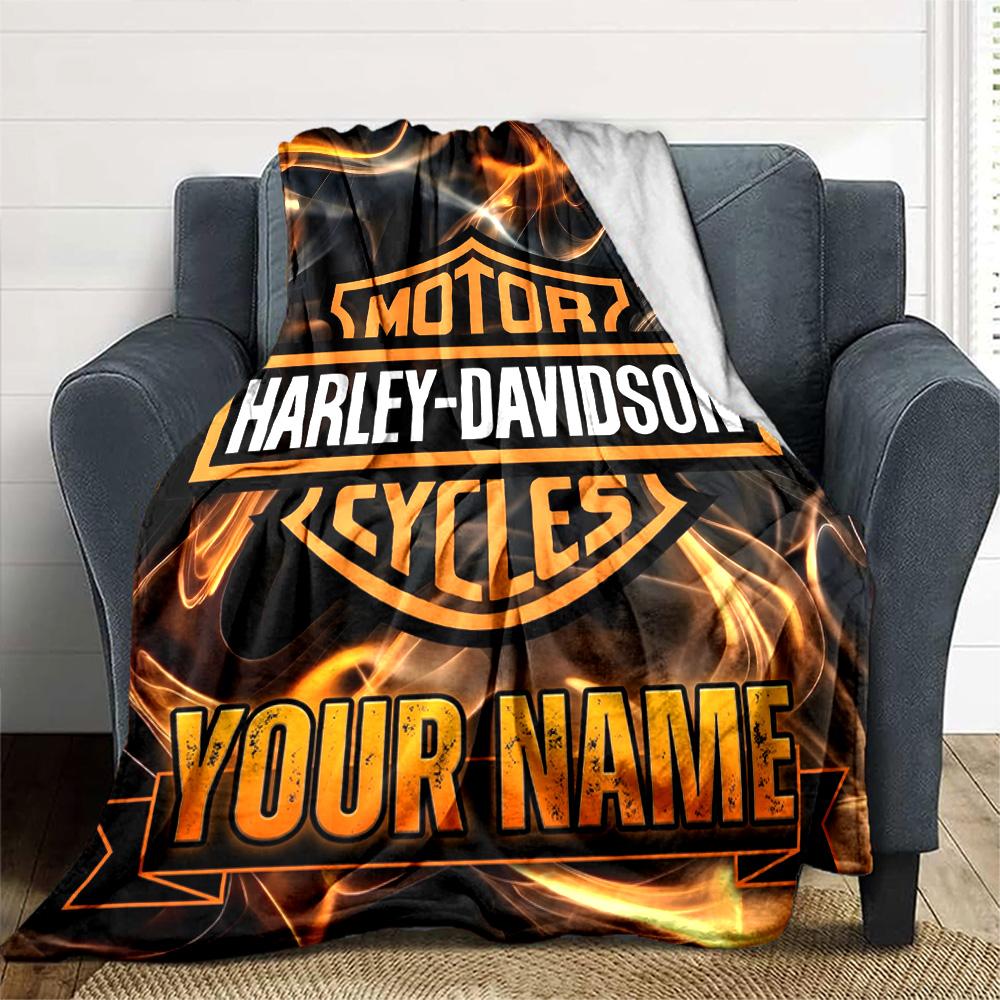 1pc HarleyDavidson Blanket with Custom Name, Gift, for Men and Women, Soft Blanket, Good for Sofa Bed Couch Travel, Lightweight Flannel Blanket