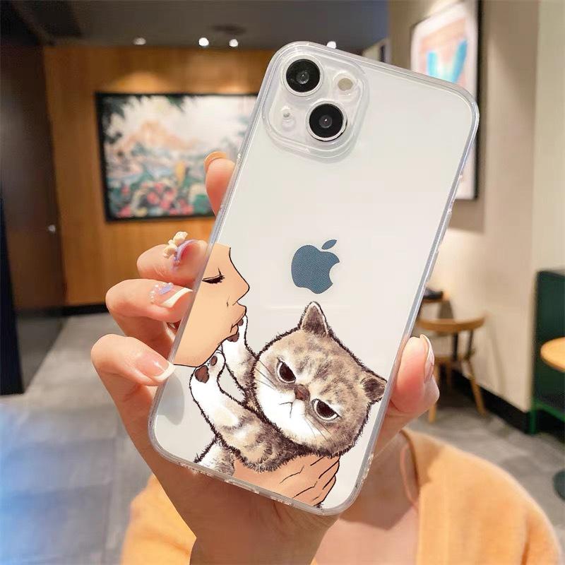 Kiss Cat Cute Kitten Cartoon Luxury Transparent Phone Case For iPhone 15 14 13 12 mini 11 Pro Max XS X XR SE 7 8 Plus Cover