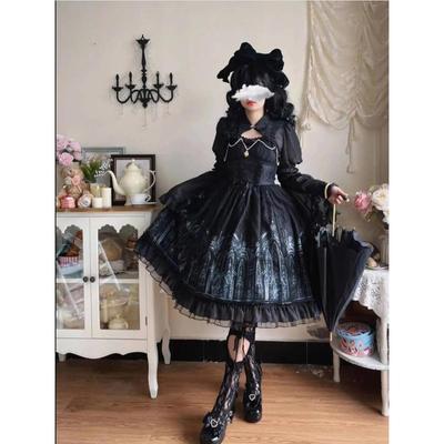 Vår Sommar Lolita Kostym Kvinnor Festklänning Mönster Kjol Hovstil Kvinnlig Svart Långärmad Utsökt Dagligen Elegant Klänning