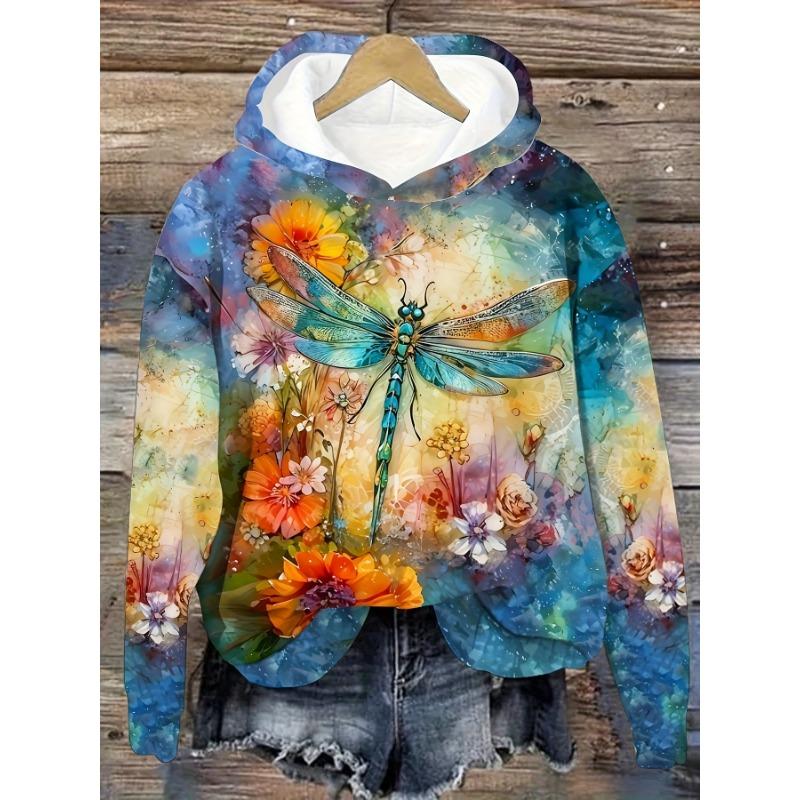 Dragonfly floral print hooded sweatshirt Print drawstring hoodie, casual long-sleeved shoulder-falling hoodie, women's clothing