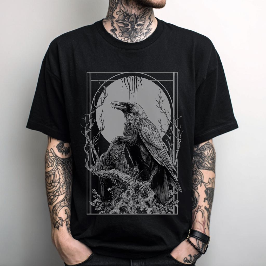 Unisex Raven Moon Gothic TShirt Occult Witchy Graphic Shirt Emo Goth Clothing Alternative Metal Graphic Tee Goth Gift for Him