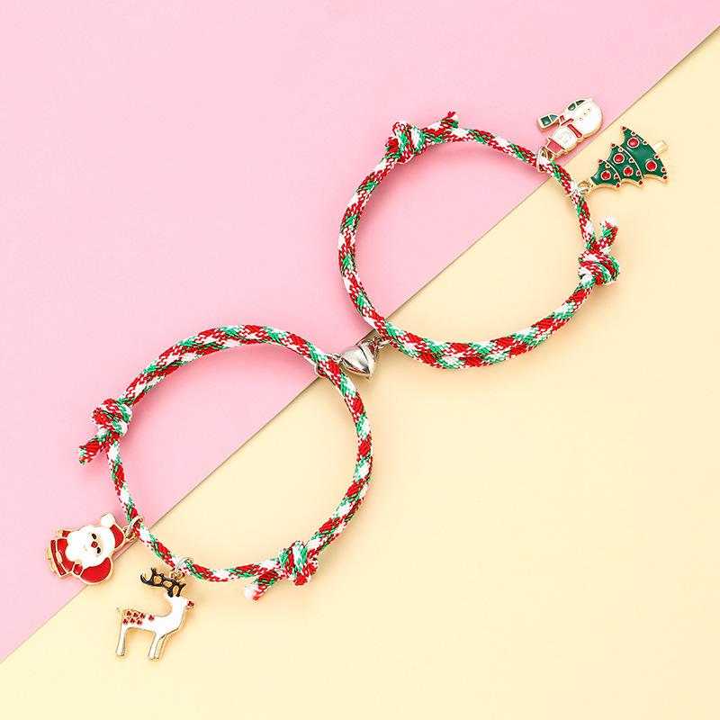 Santa Claus Magnet Heart Couple Bracelets - Drip Oil Alloy Christmas Pair