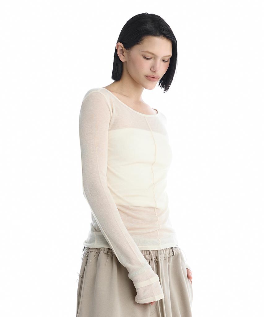 Teulimingbeodeu Essential Pintuck Long-Sleeve T-Shirts [ Beige ]