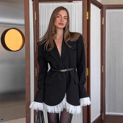 Women's Black Blazer with Lace Trim Detail